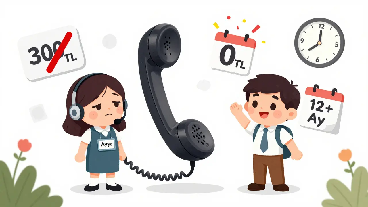 Bir müşteri hizmetleri temsilcisiyle telefon konuşuyor; 12 aydan fazla hizmet aldığını gösteren bir takvim ve 0 TL iptal ücreti sembolü var.