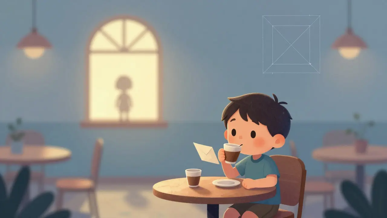 Çocuk kafede kahve içiyor, yüzü net, arka plan bulanık ve uzakta bir siluet var.