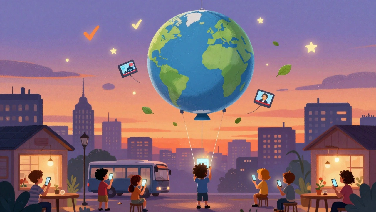 Dünya şekilli bir haber balonu, çocuklar ve evlerden gelen izleyicilerle bağlantılı.