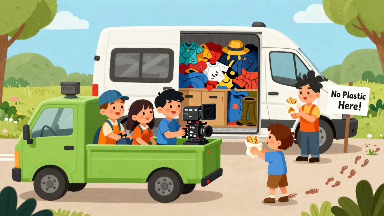 Elektrikli bir kamyonla film ekipmanları taşınırken, eski kostümler ve tek kullanımlık olmayan yemekler görülüyor.