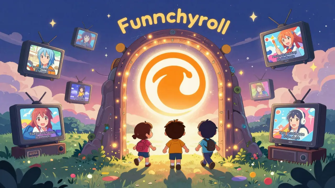 Eski Funimation logosu Crunchyroll logosuna dönüşürken, kullanıcıların Türkçe altyazılı anime dünyasına girdiği büyüleyici bir sahne.