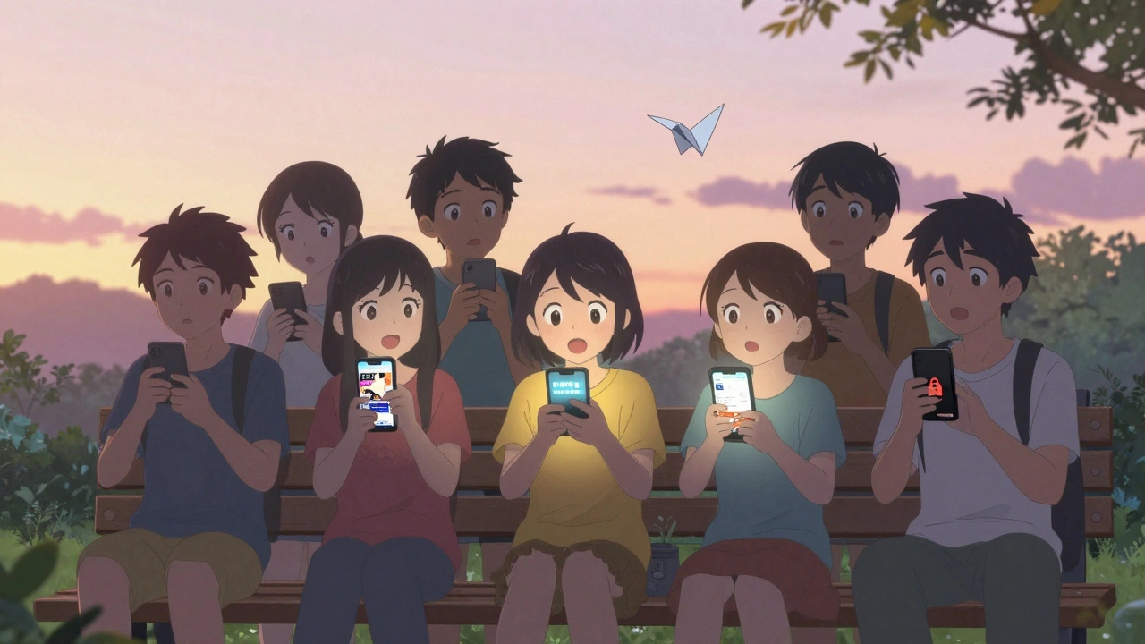 Gençler bir parkta telefonlarında farklı anime platformlarını gösterirken, sosyal medya etiketi havada uçuşuyor.