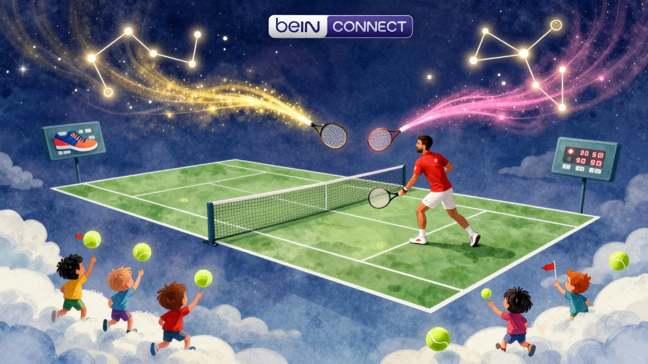 Gökyüzünde Djokovic ve Świątek&#039;in büyüleyici tenis maçı, beIN CONNECT sembolleri yıldızlar gibi parlıyor.