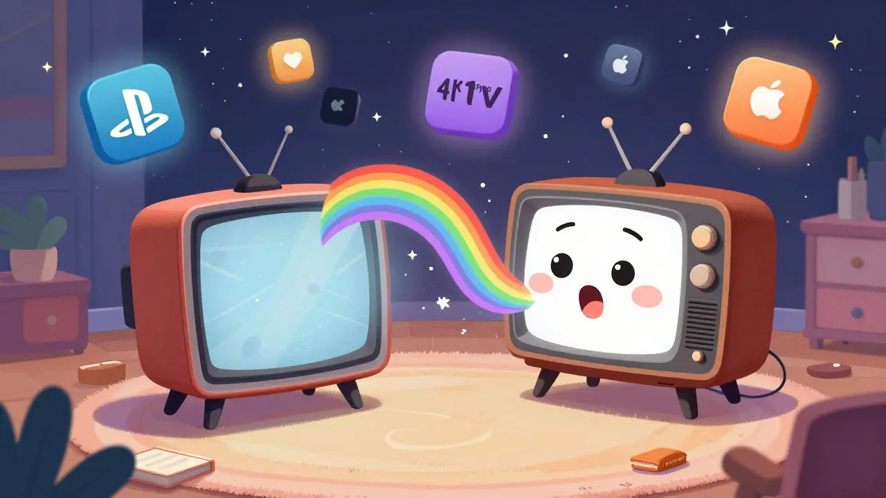 Gülümseyen bir Roku cihazı, eski bir TV'ye 4K Disney filmlerini doğru yolda sunuyor.