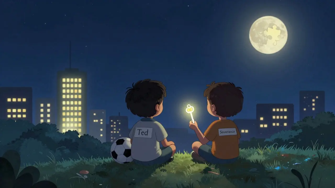 İki çocuk, bir futbol topu ve bir anahtarla yıldızlı gökyüzünde oturuyor.