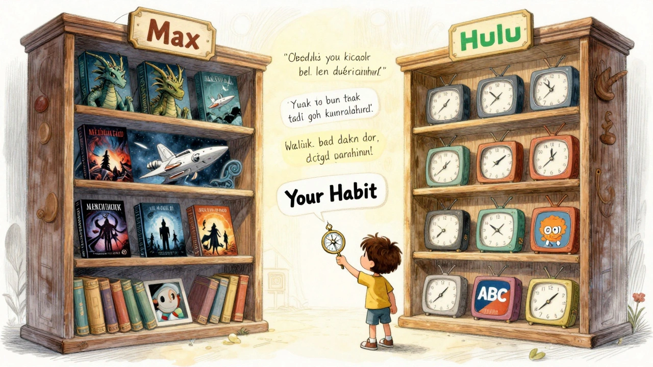 İki kitaplık: biri Max, diğeri Hulu; çocuk Türkçe altyazılı bir pusula tutuyor.
