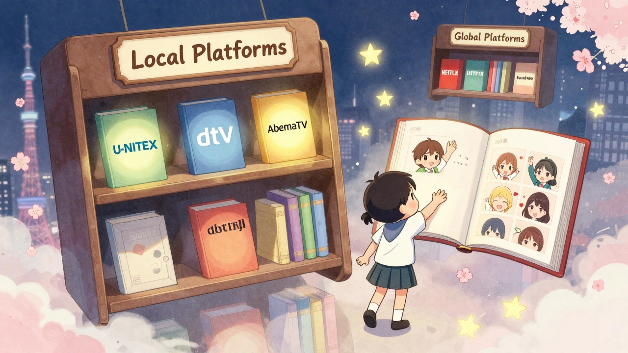 Japonya&#039;da yerel ve küresel anime platformları, büyülenmiş bir kütüphane olarak gösteriliyor.