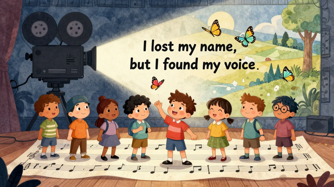 Karakterler, şarkı sözlerini uçuşan kelebekler gibi saçan bir sahne üzerinde duruyor.