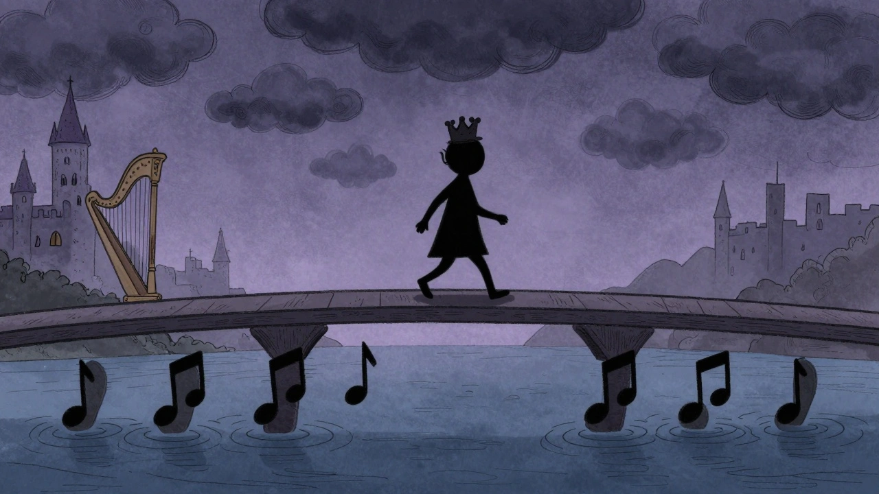 Karanlık bir figür, adımlarını müzik notaları olarak gösteren bir köprüde yürüyor.