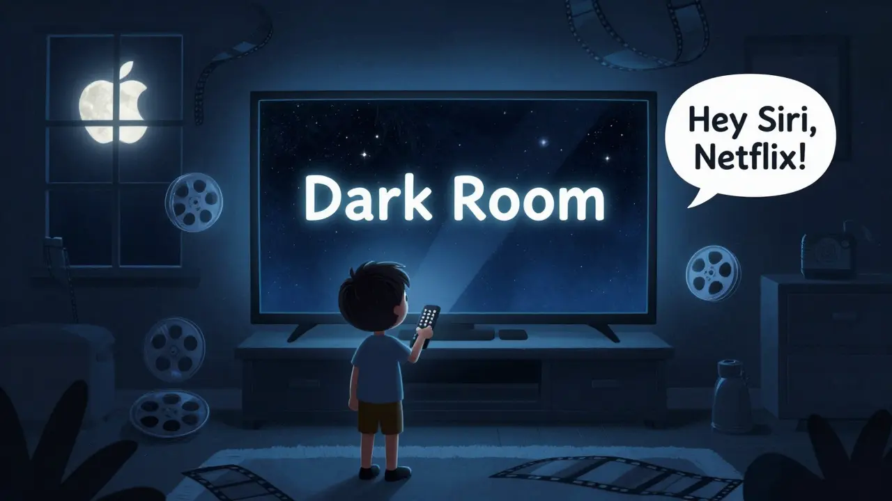 Karanlık Odası modunda, çocuk sinematik bir ekranla karanlık odada film izliyor.