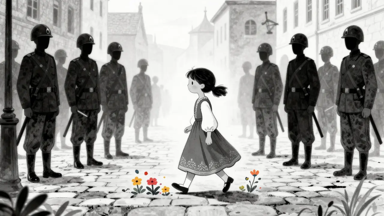 Kırmızı elbiseli bir kız, siyah-beyaz bir şehirde ayak izlerinden çiçekler açıyor.