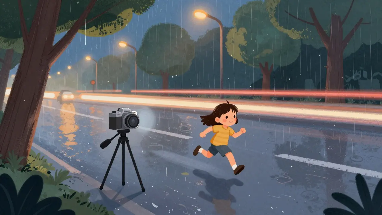 Küçük bir kız, yağmurlu bir sokakta koşarken kamera onunla birlikte ilerliyor.