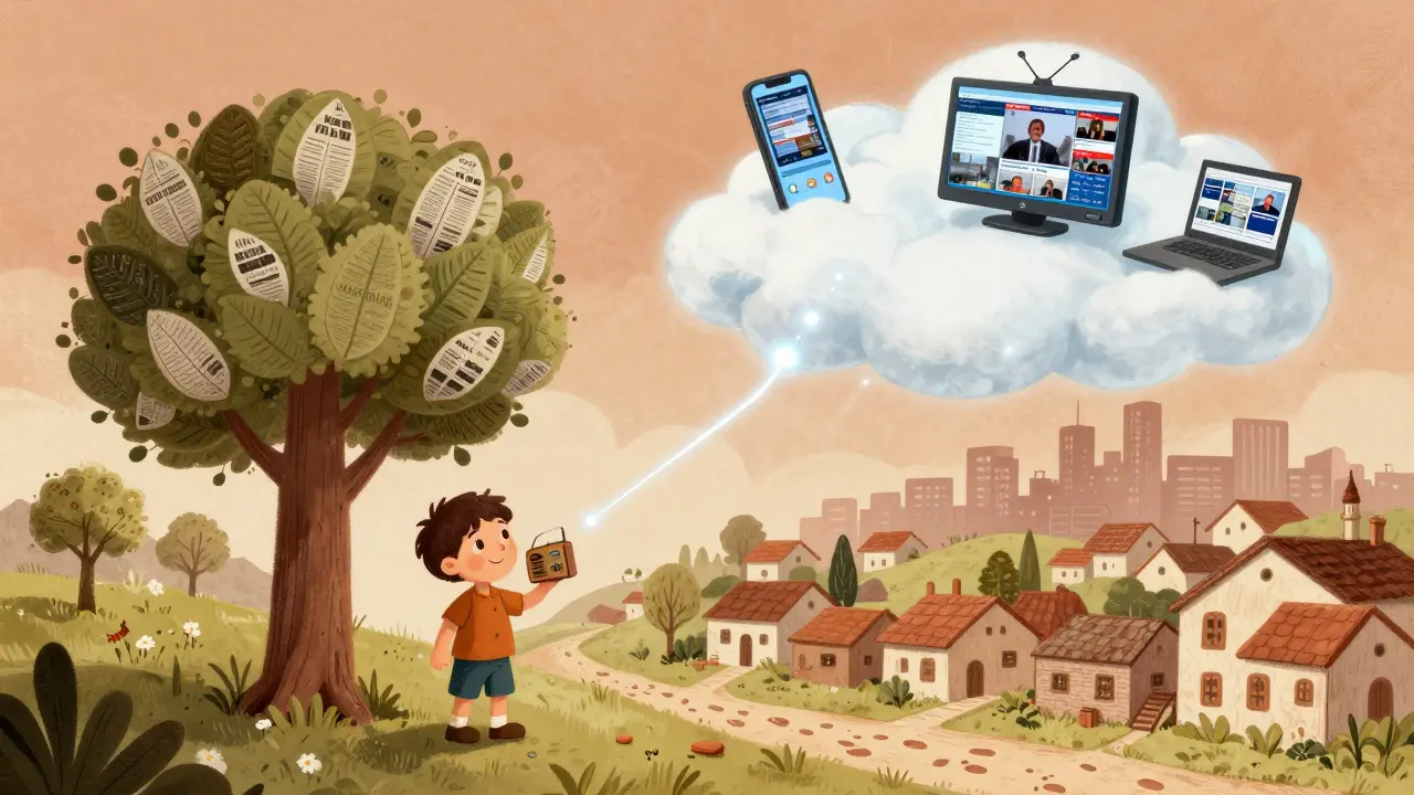 Küçük bir köyde çocuk, radyodan haber dinliyor ve internet bulutu şehirle bağlantılı.