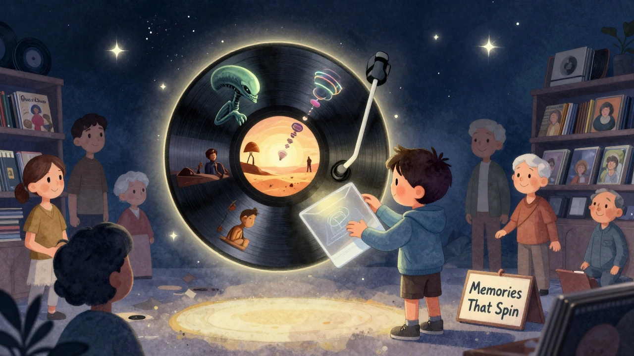 Parlayan bir plak, film sahneleriyle dolu bir portal gibi havada dönüyor, genç bir toplayıcı onu koruyor.