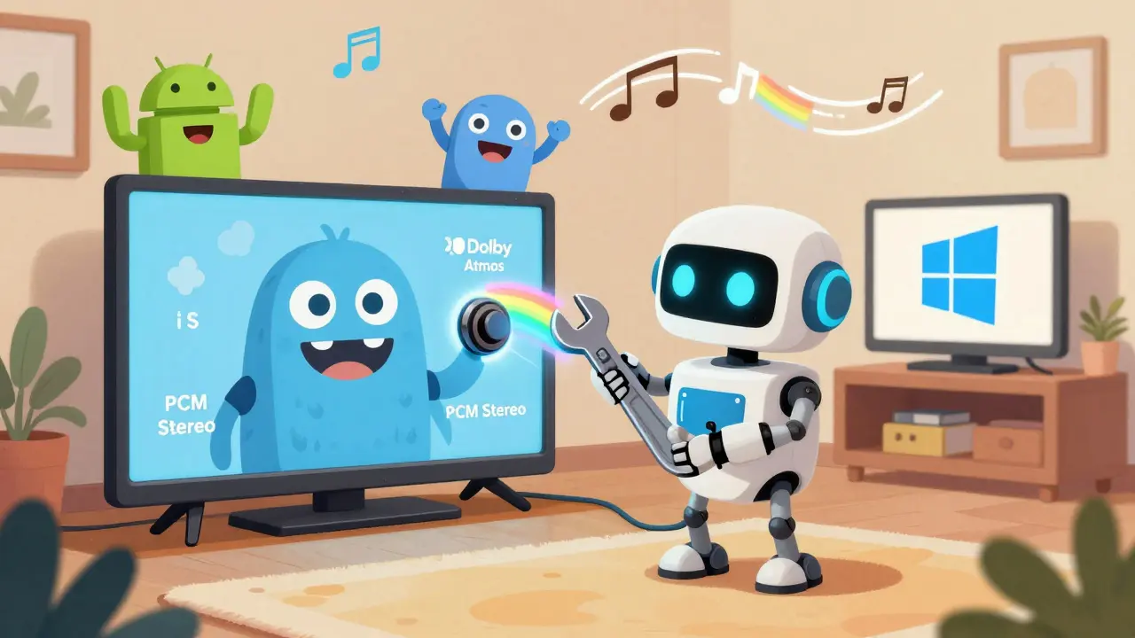 Robot, TV'nin HDMI kablolarını tamir ederken 'PCM Stereo' düğmesini çeviriyor, etrafta sevinçli cihazlar var.