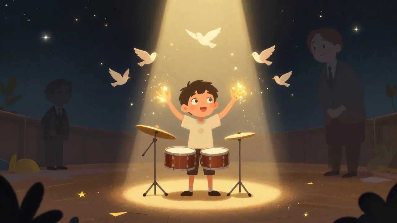 Sahne ışığında, genç davulcu kendi ritmiyle çalıyor, etrafında serbest uçan davullar ve ışıkla parlayan gökyüzü.