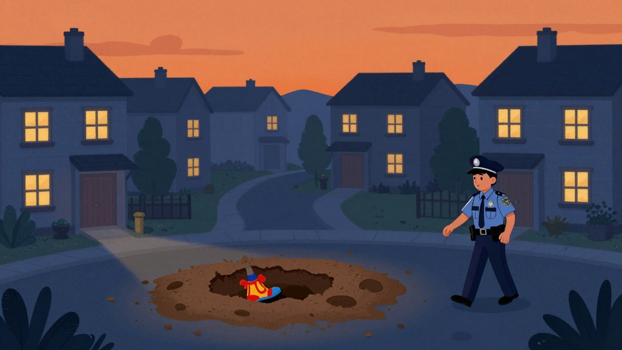 Sakin bir mahallede, bahçede bir clown ayakkabısı toprağın içinde, polis ise farkında olmadan geçiyor.