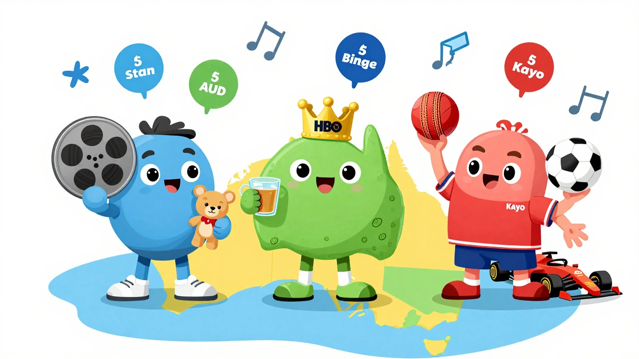 Three cartoon streaming services personified on an Australian map, each holding symbols of their content.