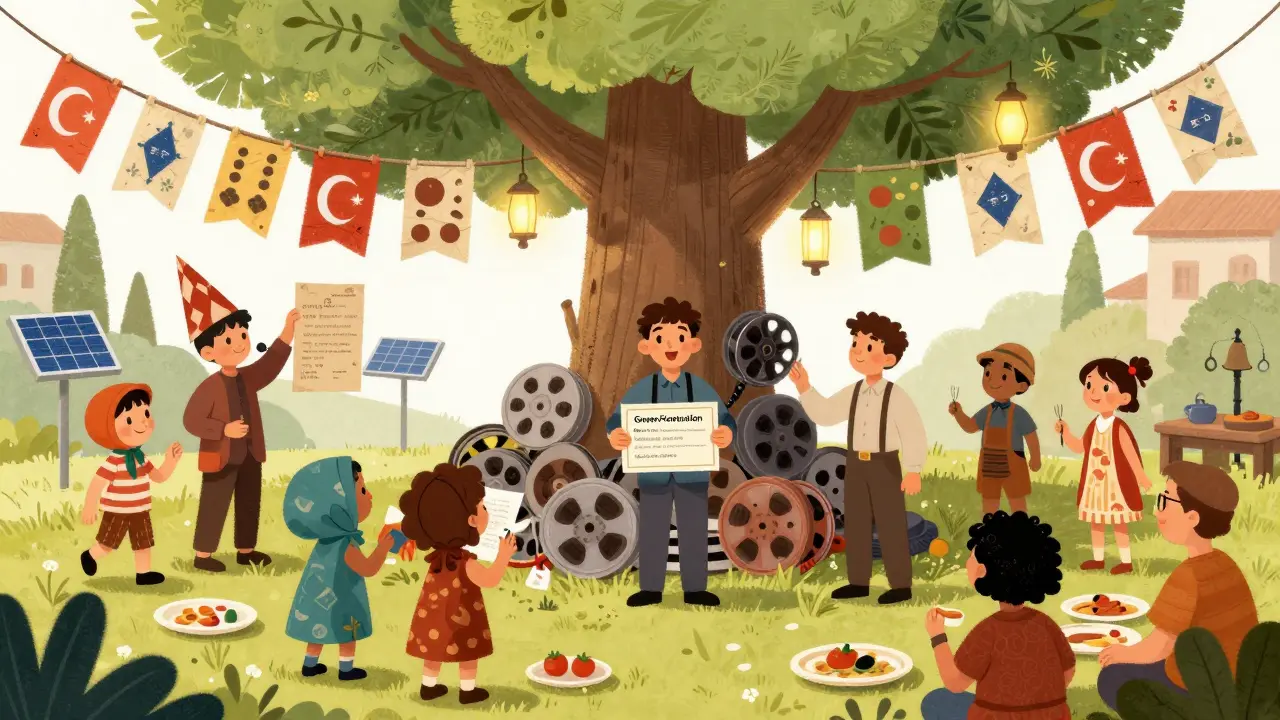 Türkiye'de bir film festivalinde çocuklar geri dönüşümlü kağıt panolar asıyor ve yeşil üretim sertifikası alınıyor.
