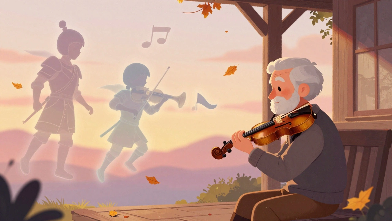 Yaşlı bir adam, geçmişini anılarla paylaşırken yumuşak bir çello çalıyor.