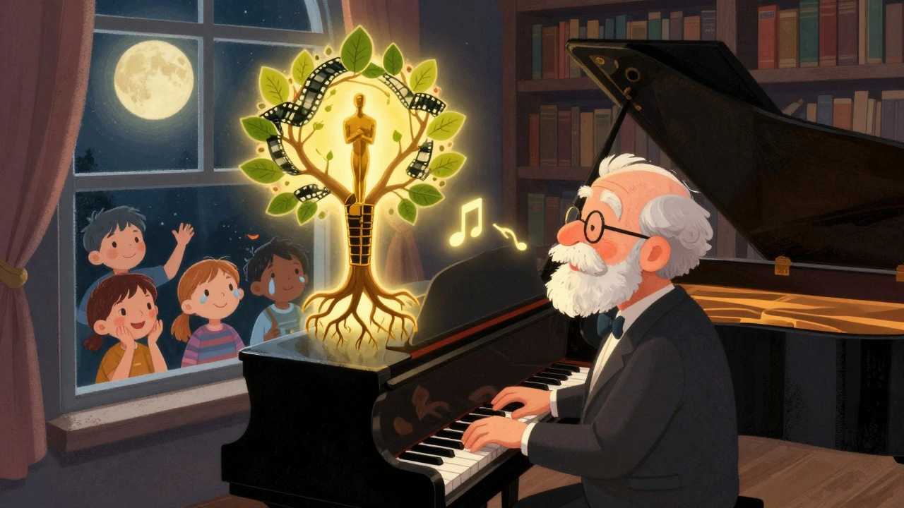 Yaşlı bir besteci, bir piyano çalarken notadan büyüyen bir ağaç oluşturuyor.