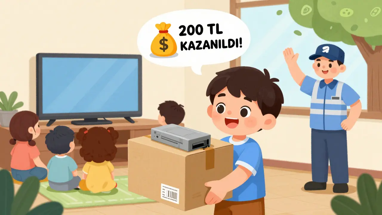 A child mails back cable equipment and watches a cable-free movie night with family.