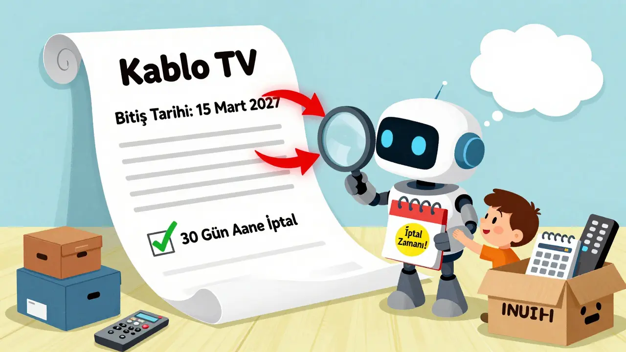 A robot helps a child find the right time to cancel a cable TV contract with a calendar.