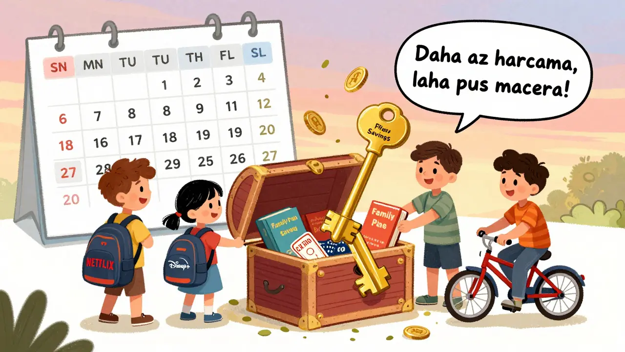 Aile, tasarruf edilen parayla bir seyahate hazırlanıyor, hazine sandığından kitap ve bisiklet çıkıyor.