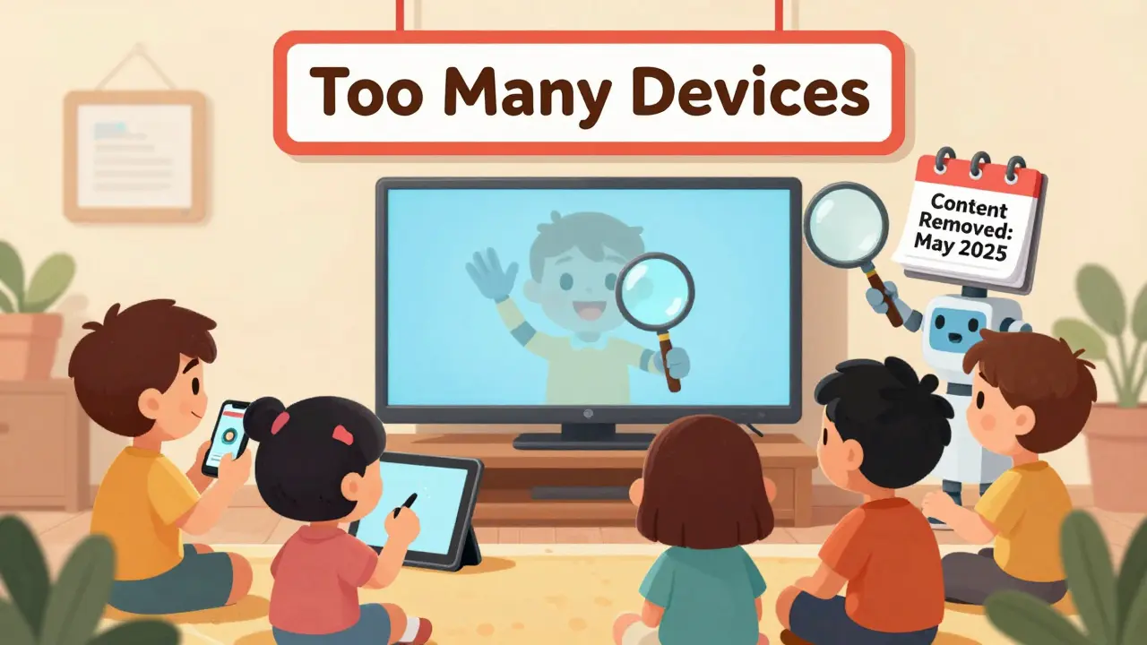 Aile üyeleri birden fazla cihazda izliyor, bir robot takvimde kaldırılan içerikleri gösteriyor.