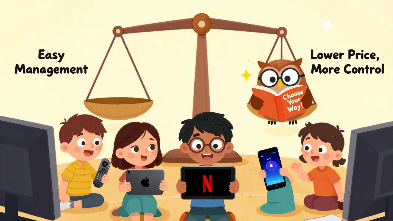 Bir aile, Apple TV ve dış uygulamalar arasında dengede bir seçim yaparken, bir baykuş kitap tutuyor.