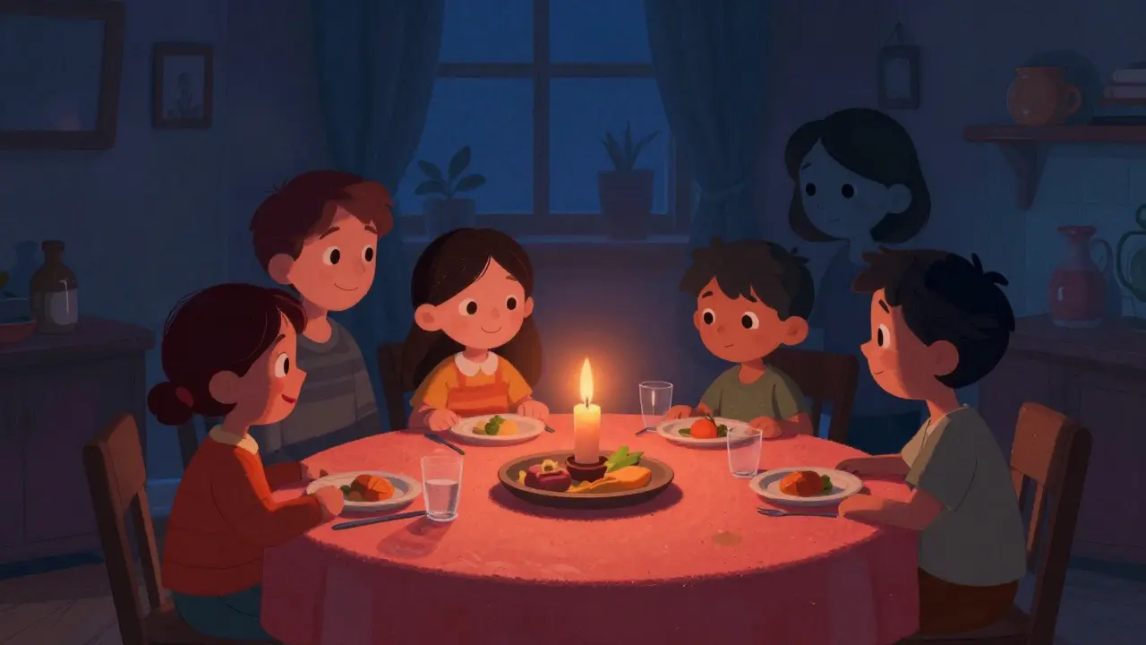 Bir aile masasında iki taraf, ısıl kırmızı ve soğuk mavi ışıkla ayrılmış.