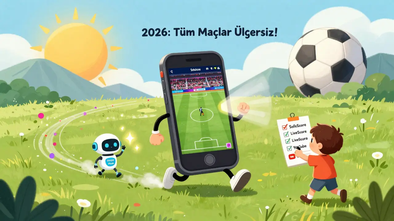 Bir akıllı telefon, kadın futbol maçı akışıyla çimlerde koşuyor.