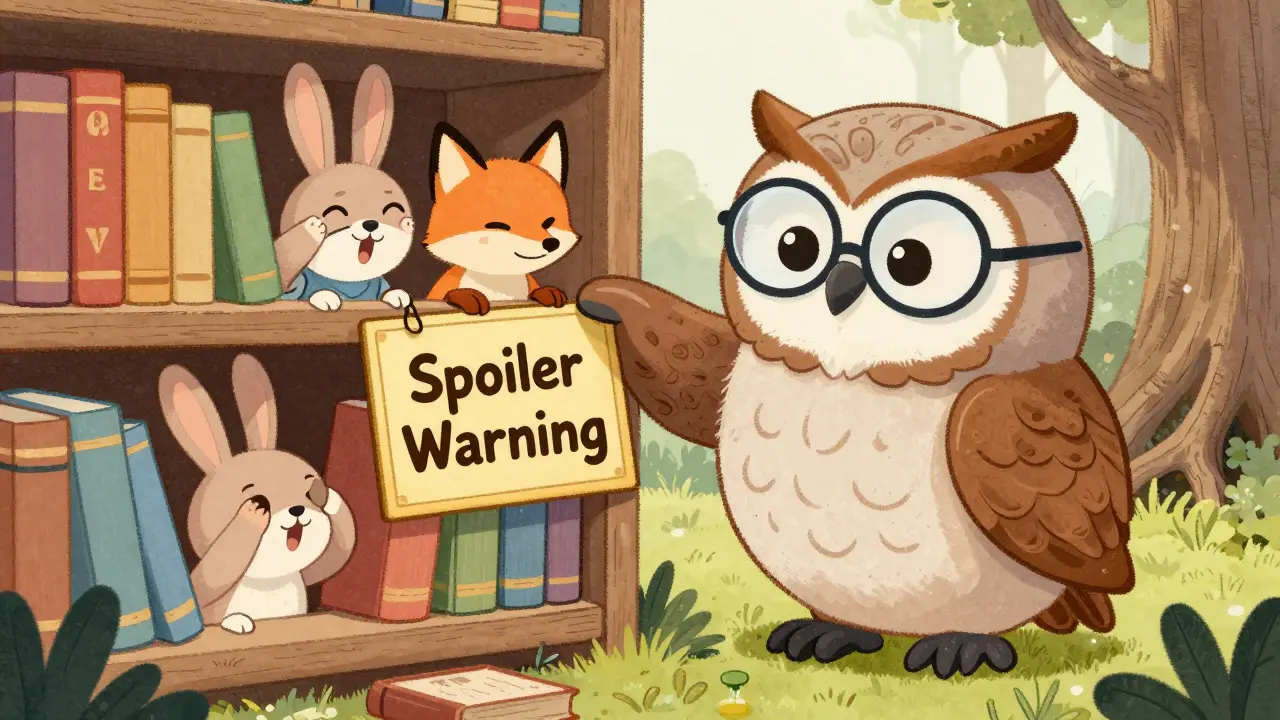 Bir baykuş, 'Spoiler Uyarısı' tabelasını kitaplıkta yerleştiriyor, iki hayvan merakla izliyor.