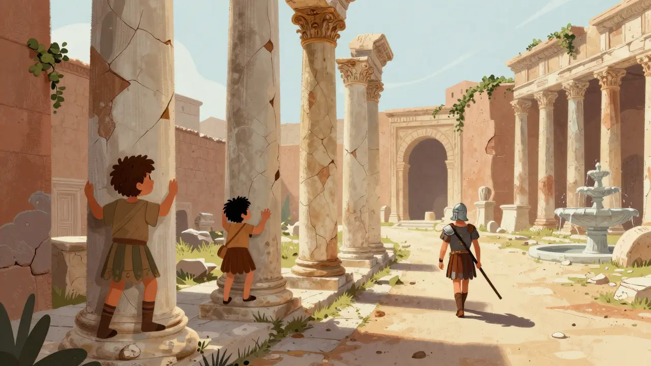 Bir çocuk kitabının resmi: Çöküşteki eski Roma'da çocuklar mermer sütunlarda tırmanıyor.