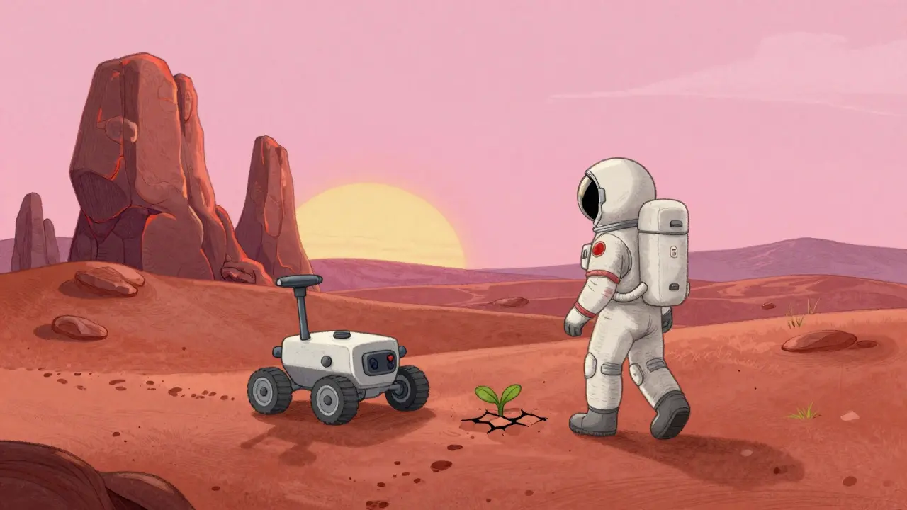 Bir çocuk kitabının resmi: Mars'ta bir astronot, kırmızı çöllerde bir bitkiyle karşılaşıyor.