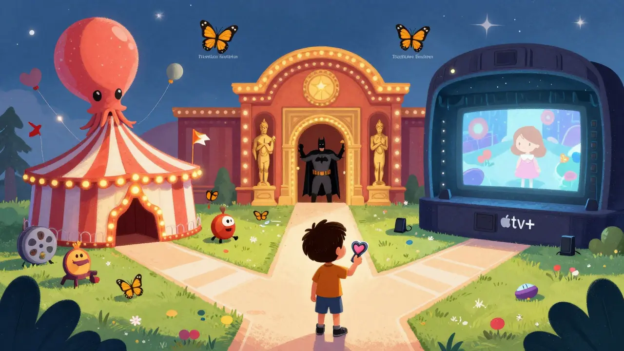 Bir çocuk üç farklı film izleme yolunda düşünüyor: eğlence, klasikler ve sanat.