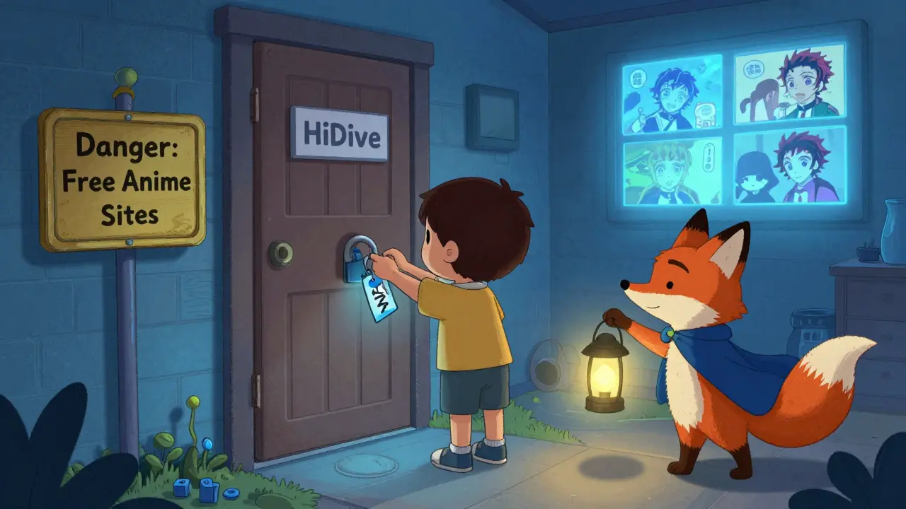 Bir çocuk, VPN anahtarını kullanarak güvenli bir anime sitesine giriyor, bir tilki onu rehberlik ediyor.