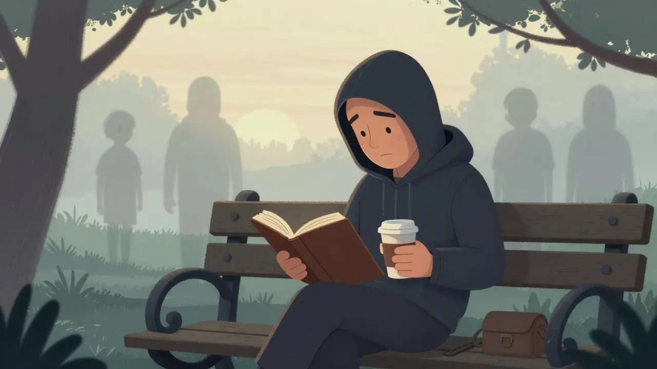 Bir katil, sabahın ilk ışıklarında bir bankta kitap okuyor ve sessizce kahve içiyor.