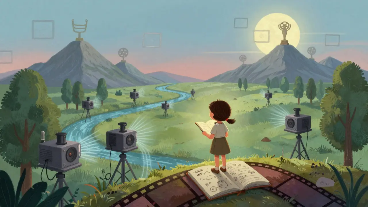 Bir kız, film şeritlerinden oluşan bir tepede duruyor, etrafında projeksiyon ağaçları ve ses nehirleri var.