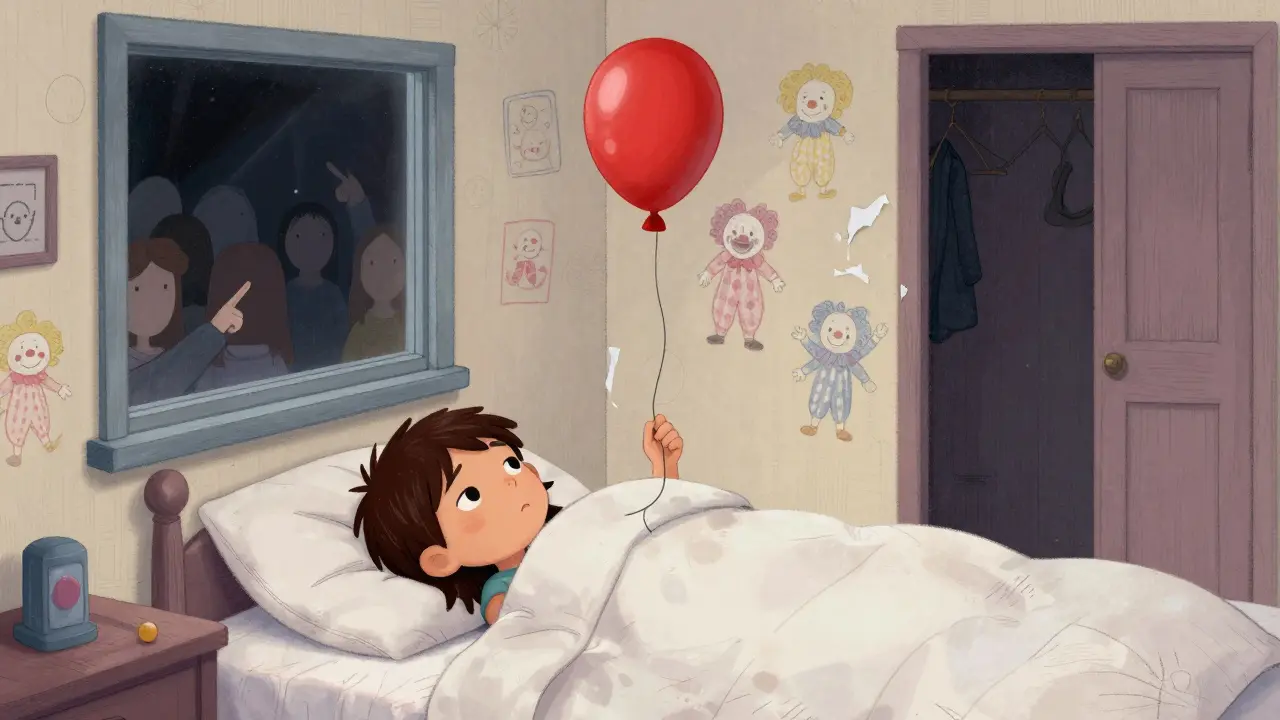 Bir kızın pencere aynasında yüzleri olmayan figürler görünüyor, dolaptan bir balon çıkıyor.