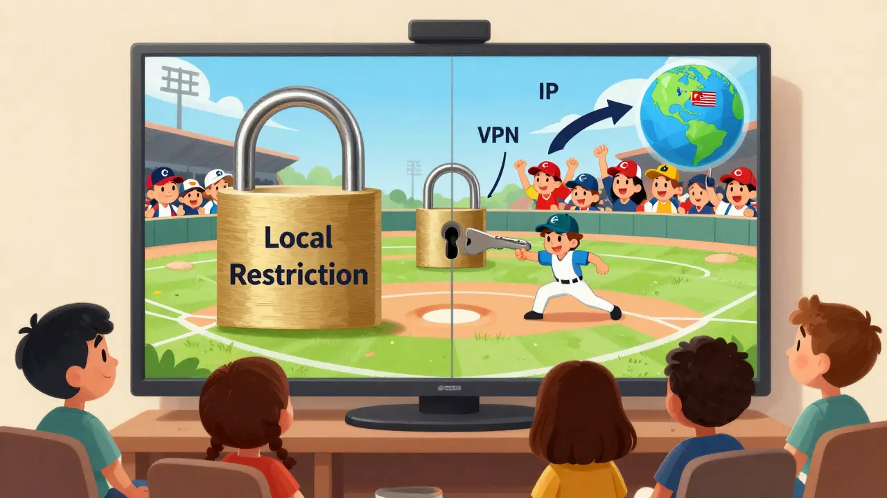 Bir Türk aile, ekranın bir yarısı kilitli, diğer yarısı VPN anahtarıyla açılmış bir MLB maçını izliyor, küresel IP bağlantıları görsel olarak anlatılıyor.