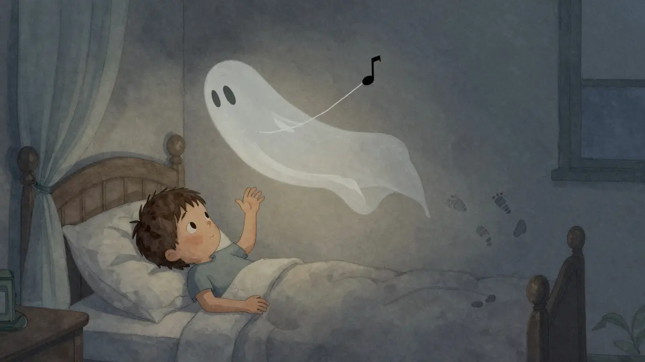 Boş bir çocuk odasında rüzgarın perdeyi hareket ettirdiği, yalnızca bir nota ve izlerin kaldığı sakin bir akşam sahnesi.