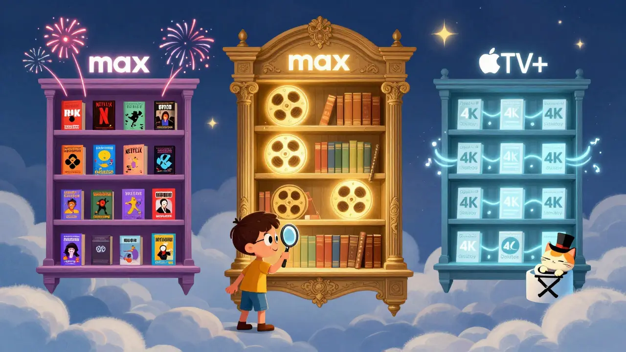 Bulutlarda bir kütüphane, üç farklı film rafıyla: Netflix, Max ve Apple TV+.