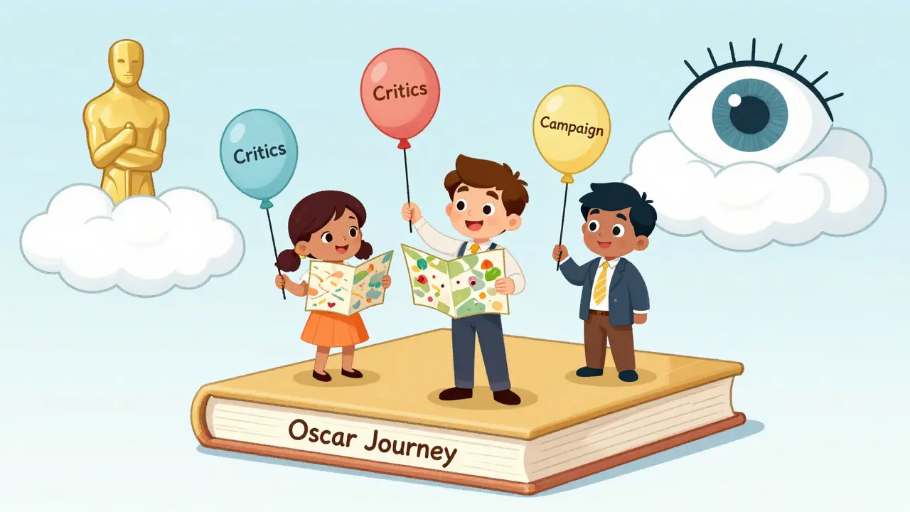 Çeşitli karakterler, 'Oscar Yolculuğu' adlı bir kitap üzerinde haritalarla birlikte, akademi gözünden izleniyor.