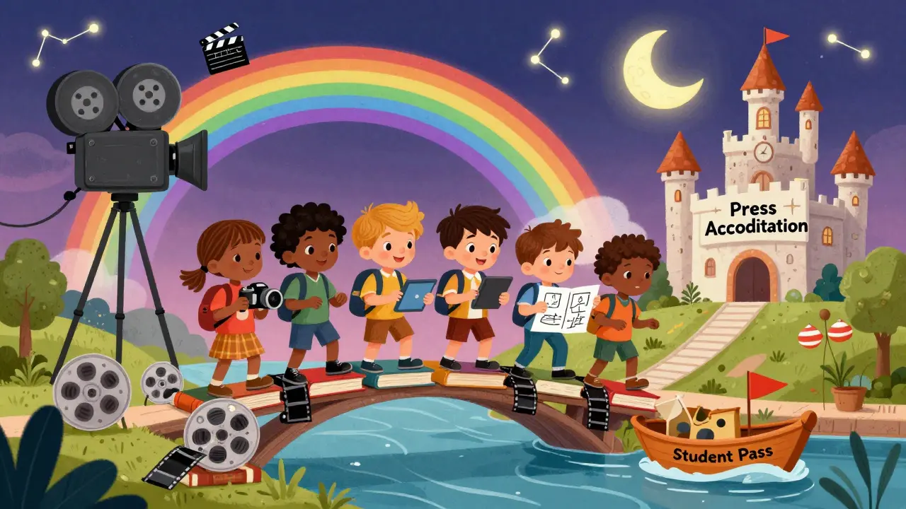 Çeşitli kritikçiler kitaplarla yapılmış bir köprüde yürürken, film ruloğundan oluşan nehirin öte side basın akredite kalesi görünüyor.