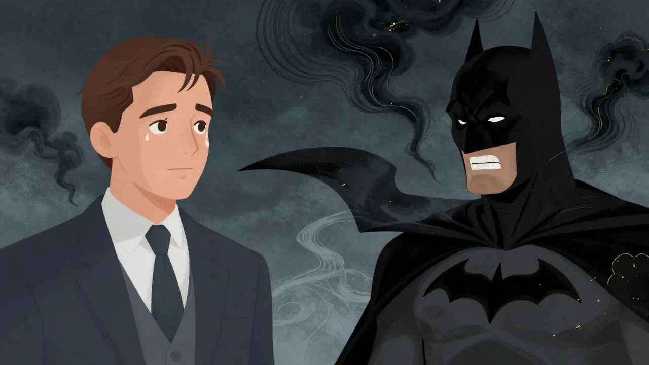 Christian Bale, Bruce Wayne ve Batman olarak iki farklı kimlikte, biri ışıkta, diğeri gölgede.