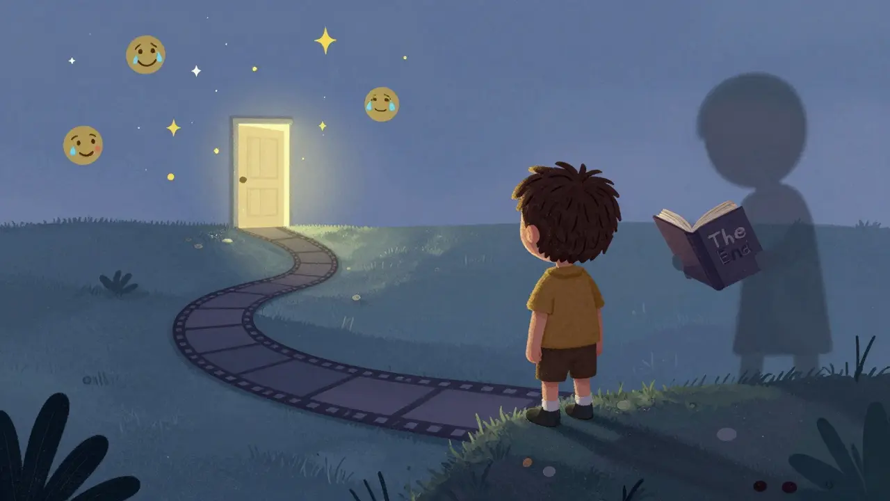 Çocuk, film şeritlerinden oluşan bir yolda duruyor, öteki tarafta parlayan bir kapı var, arkada kapalı bir kitap duruyor.