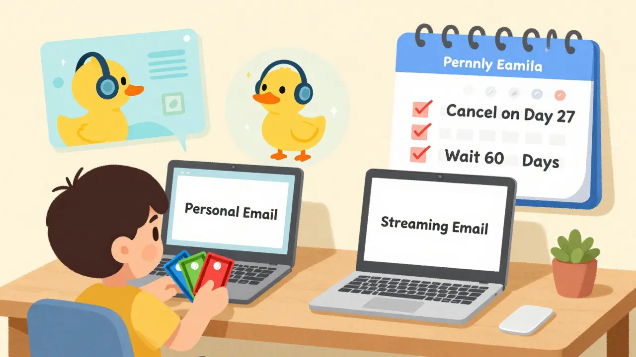 Çocuk kitabında tarzı bir çizim: Çocuk iki e-posta ve prepaid kartlarla aylık akış hizmetlerini planlıyor, kuşlar izliyor.