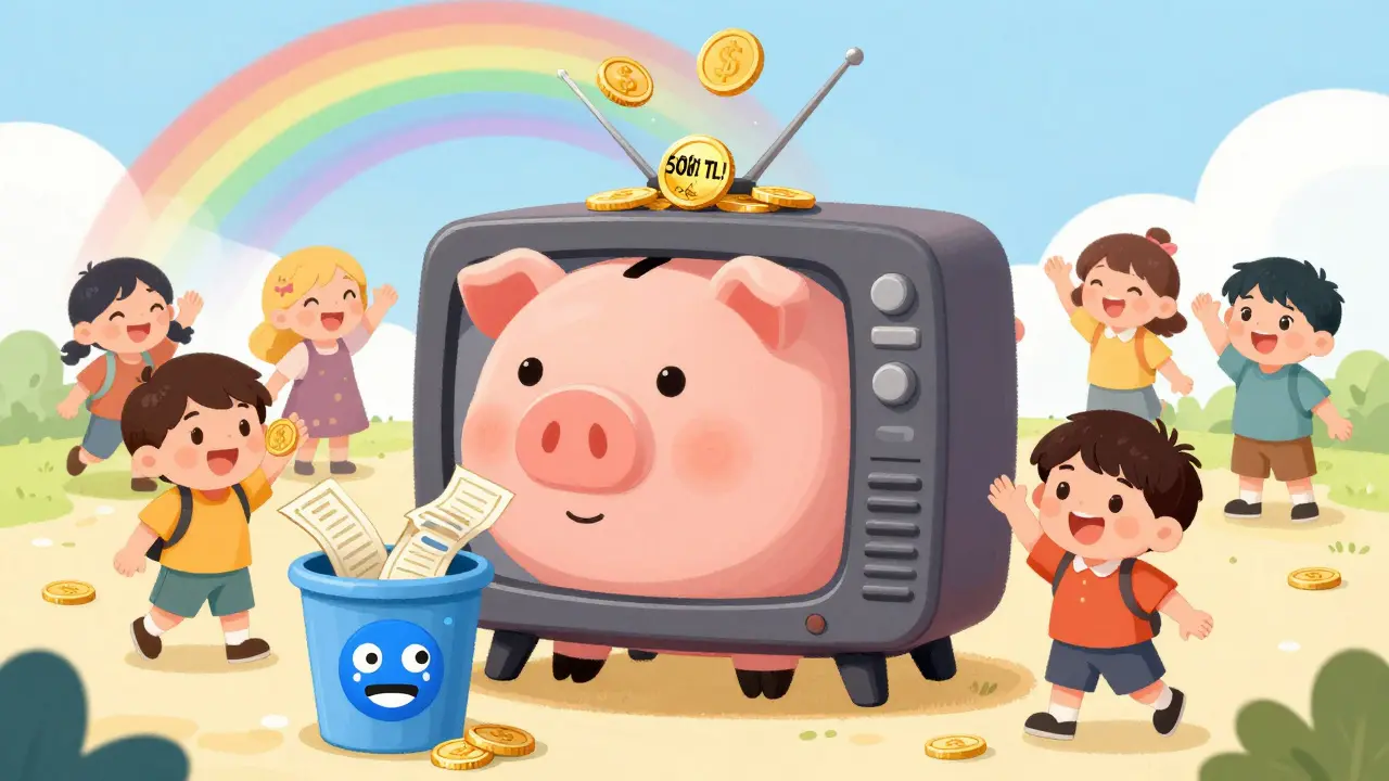 Çocuk kitabında tarzı bir çizim: TV uzaktan kumandalı kumbara 500 TL tasarruf ediyor, çocuk abonelik faturalarını atıyor.