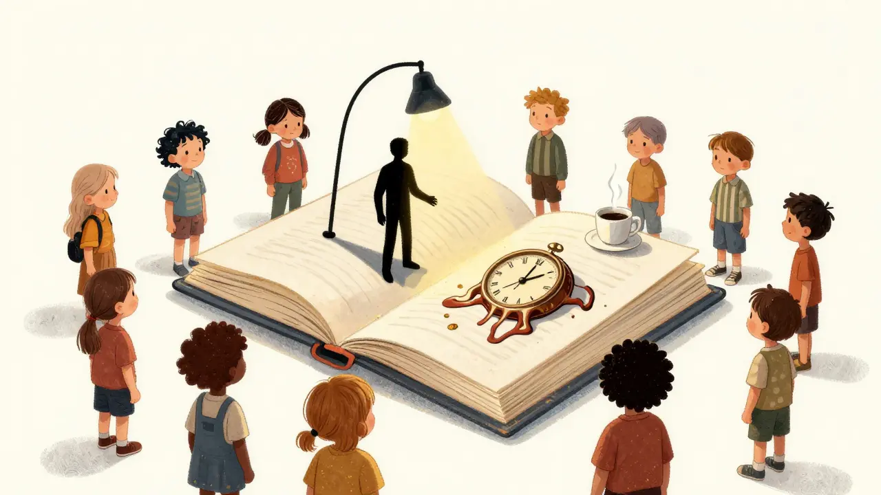 Çocuklar, kamera açıları ve ses dalgalarını gösteren yüzen bir kitap etrafında toplanmış.